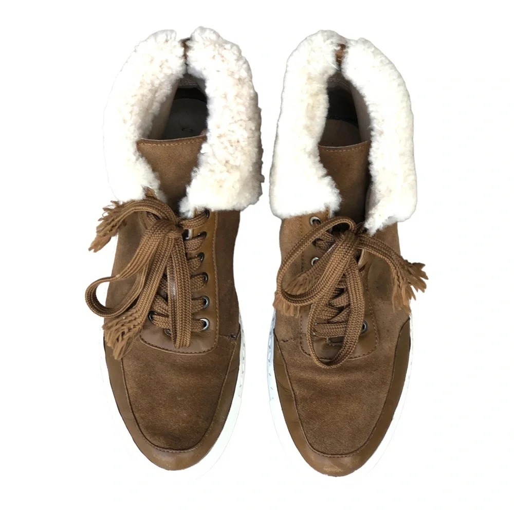 Via Spiga Maia Shearling Cuff Sneaker Rattan Napa/Suede‎  Size US 6M.